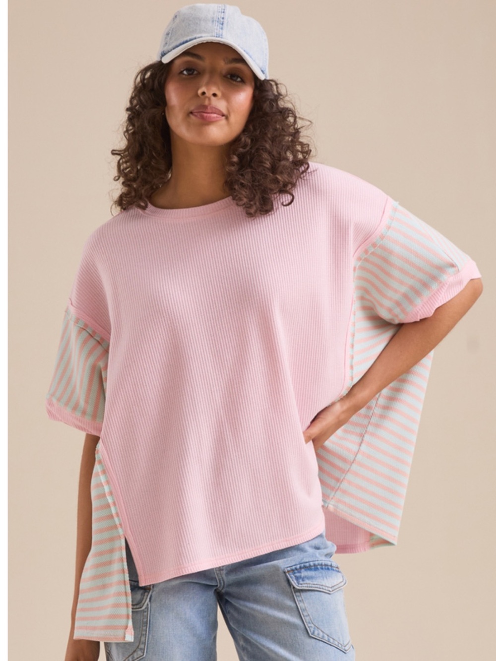 Altar'd State Pink Oversized Short-Sleeve Top with Mint Stripe Panels